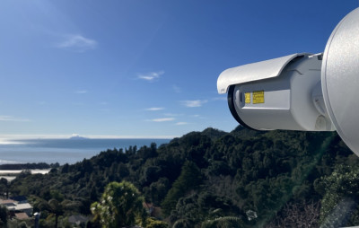 The new Q1808-LE bullet camera installed at Whakatane, looking out towards Whakaari/White Island on a sunny clear day.