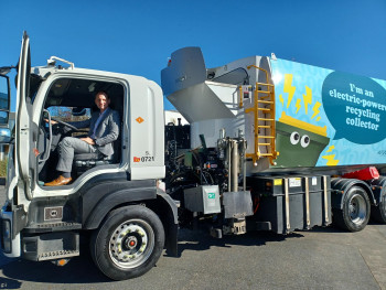 Hutt City Council Head of Climate, Waster and Resource Recovery, Jörn Scherzer, driving an EV truck..