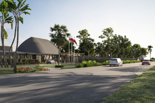 An artist’s impression of the new Tongan Parliament building. It shows cars driving past on a nice clear day. The flag of Tonga is flying outside the building.