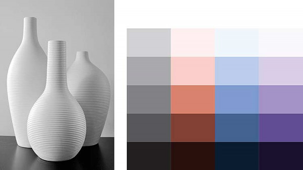 An example of light reflectance values. On the right there are a range of colours showing differing levels of light reflectance value, while on the left are a set of white ceramics on a black bench, showing the difference in light reflection.