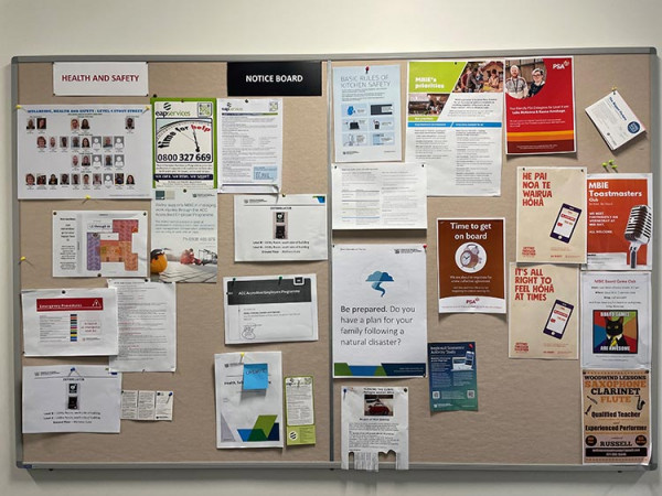 An example of a notice board, populated with a range of different notices