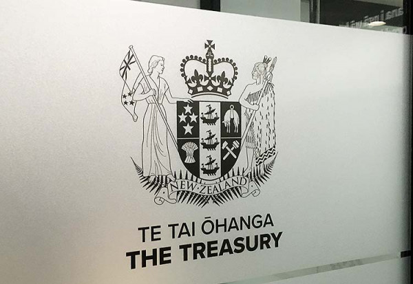 The New Zealand Treasury logo on a frosted glass pane. 