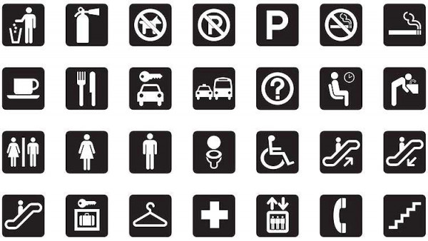 An example of universally recognised wayfinding symbols that are commonly seen in and around offices. These are the types of images that should accompany text when creating proper signage.
